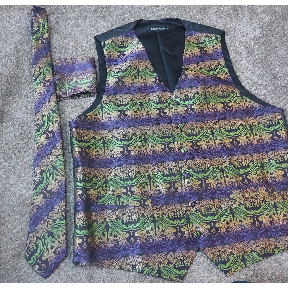 Barry Wang Mens Purple Green Paisley Silk Vest Tie Pocket Square Set Large - Picture 3 of 9